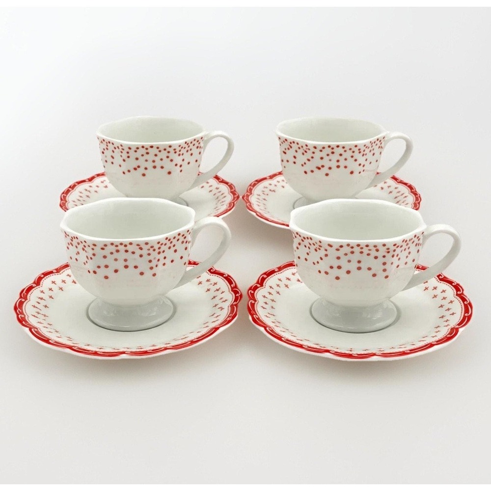 Ballard Designs "Jacqueline" Red Scalloped Porcelain Teacups & Saucers Set of 4